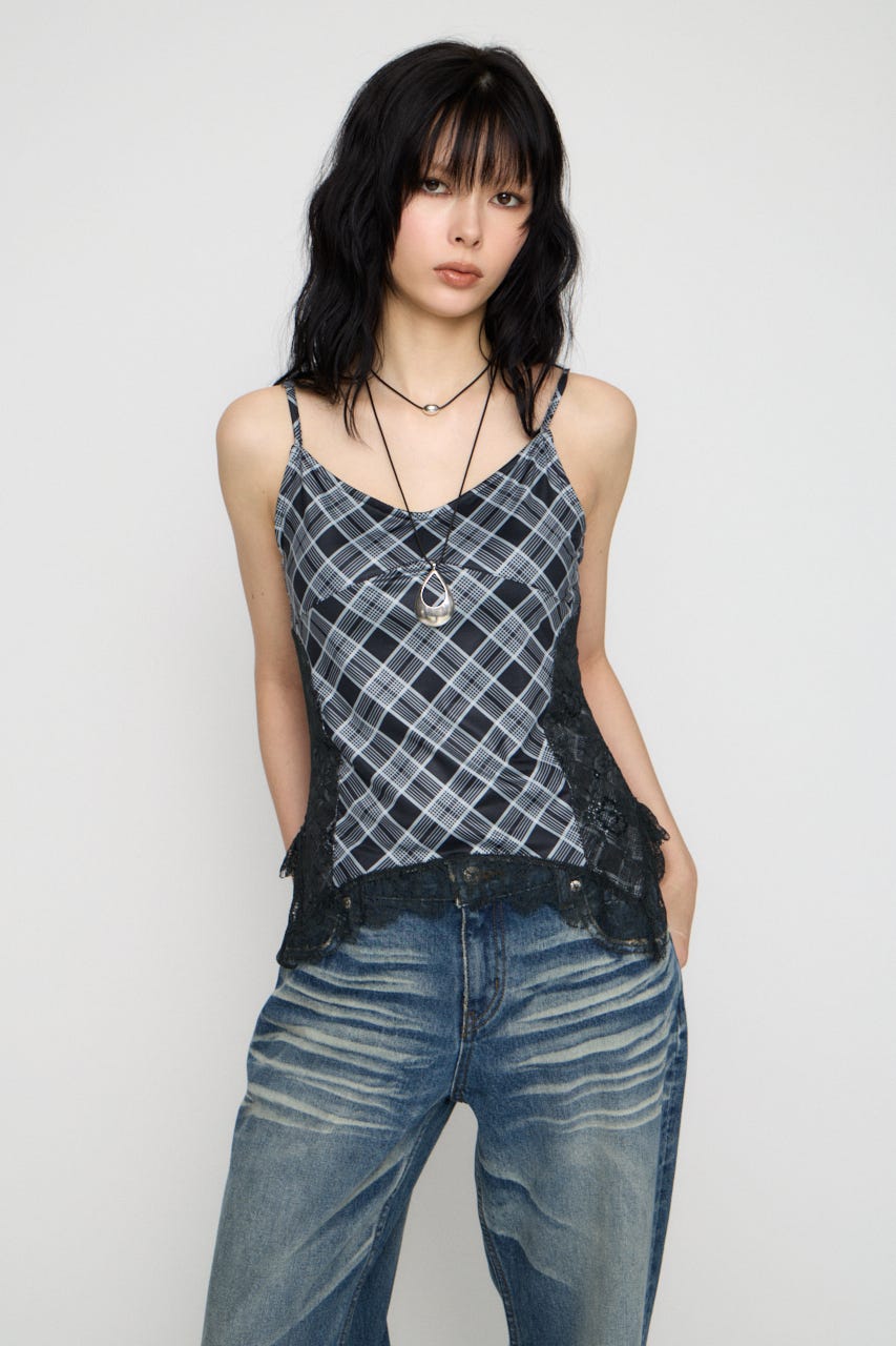 CHECK LACE CAMI トップス BLK FREE