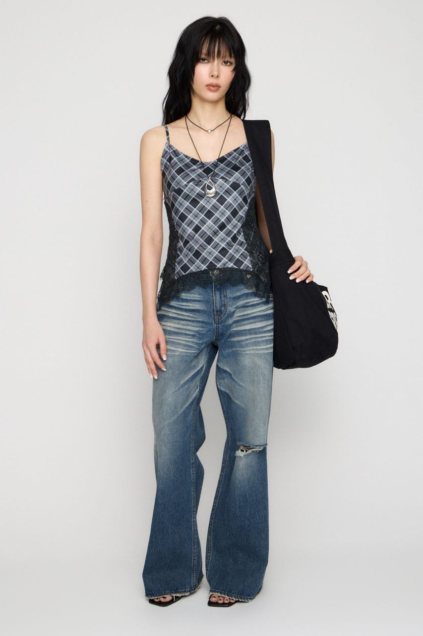 CHECK LACE CAMI トップス BLK FREE