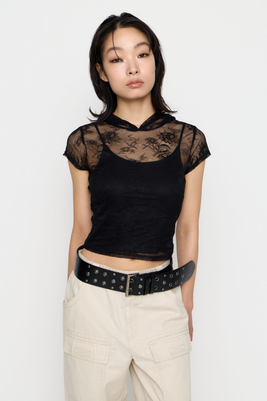 MESH LACE HOODIE トップス BLK FREE