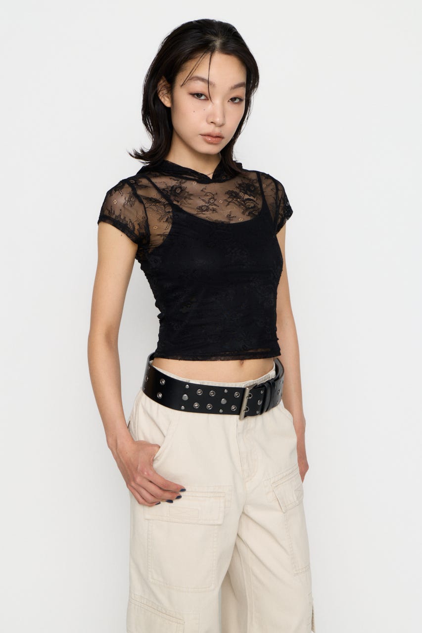 MESH LACE HOODIE トップス BLK FREE