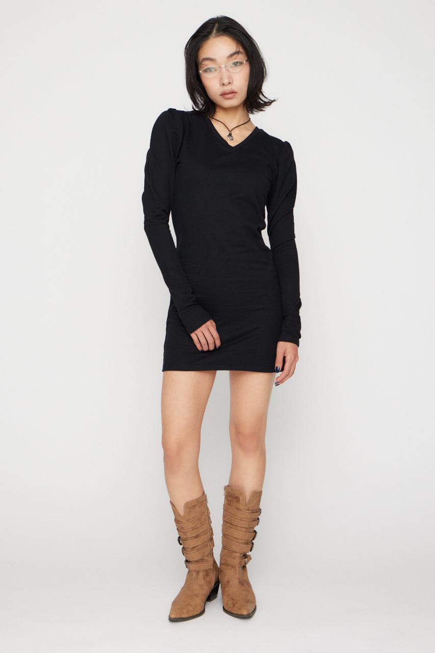 PUFF SLEEVE CUT ミニワンピース BLK S
