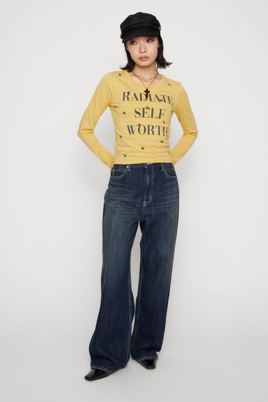 STAR LETTERING PRINT トップス L/YEL FREE