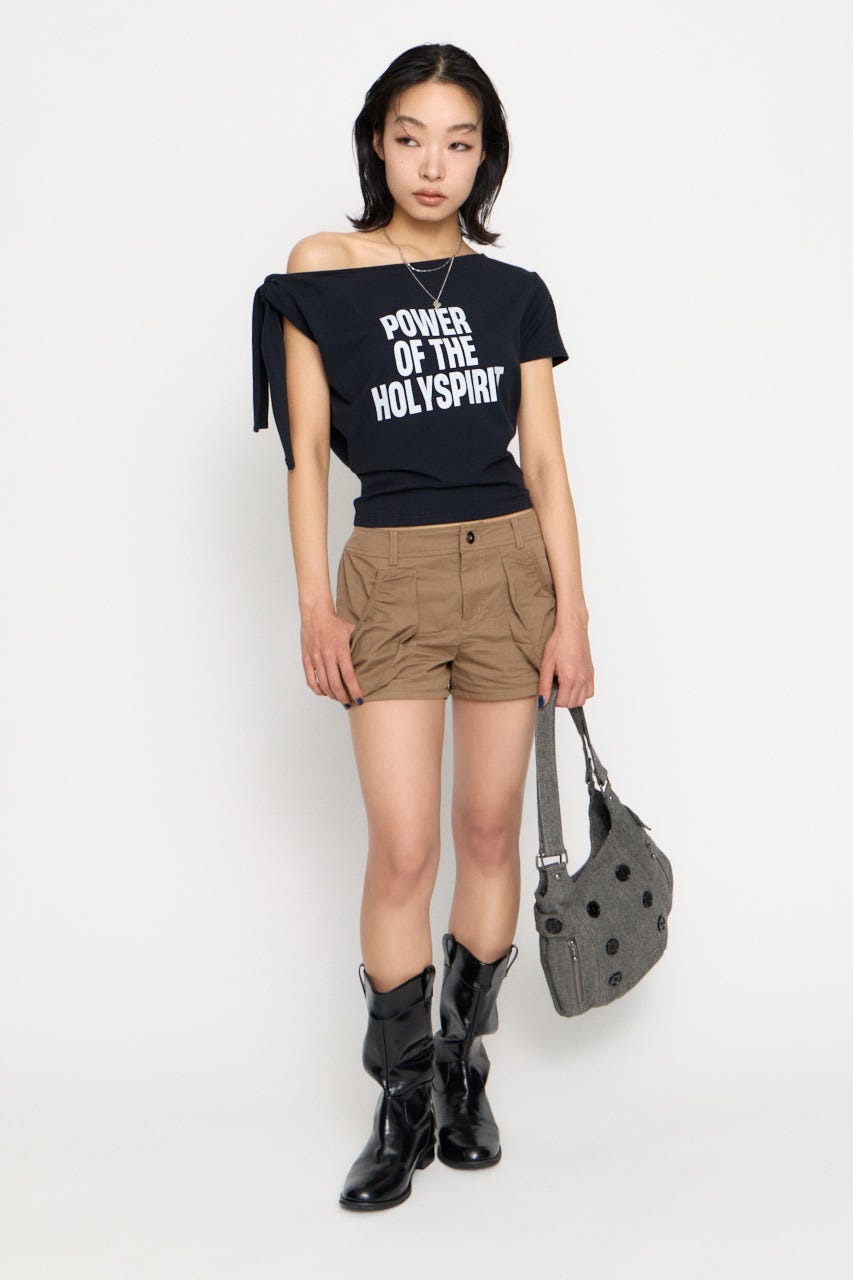 SHOULDER RIBBON PRINT トップス BLK FREE