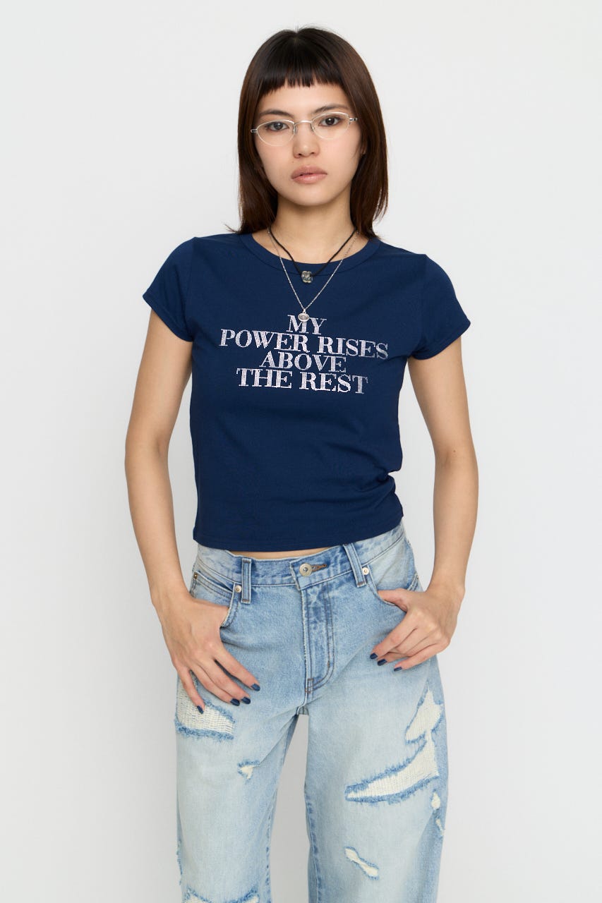 RHINESTONE MESSAGE Tシャツ NVY FREE