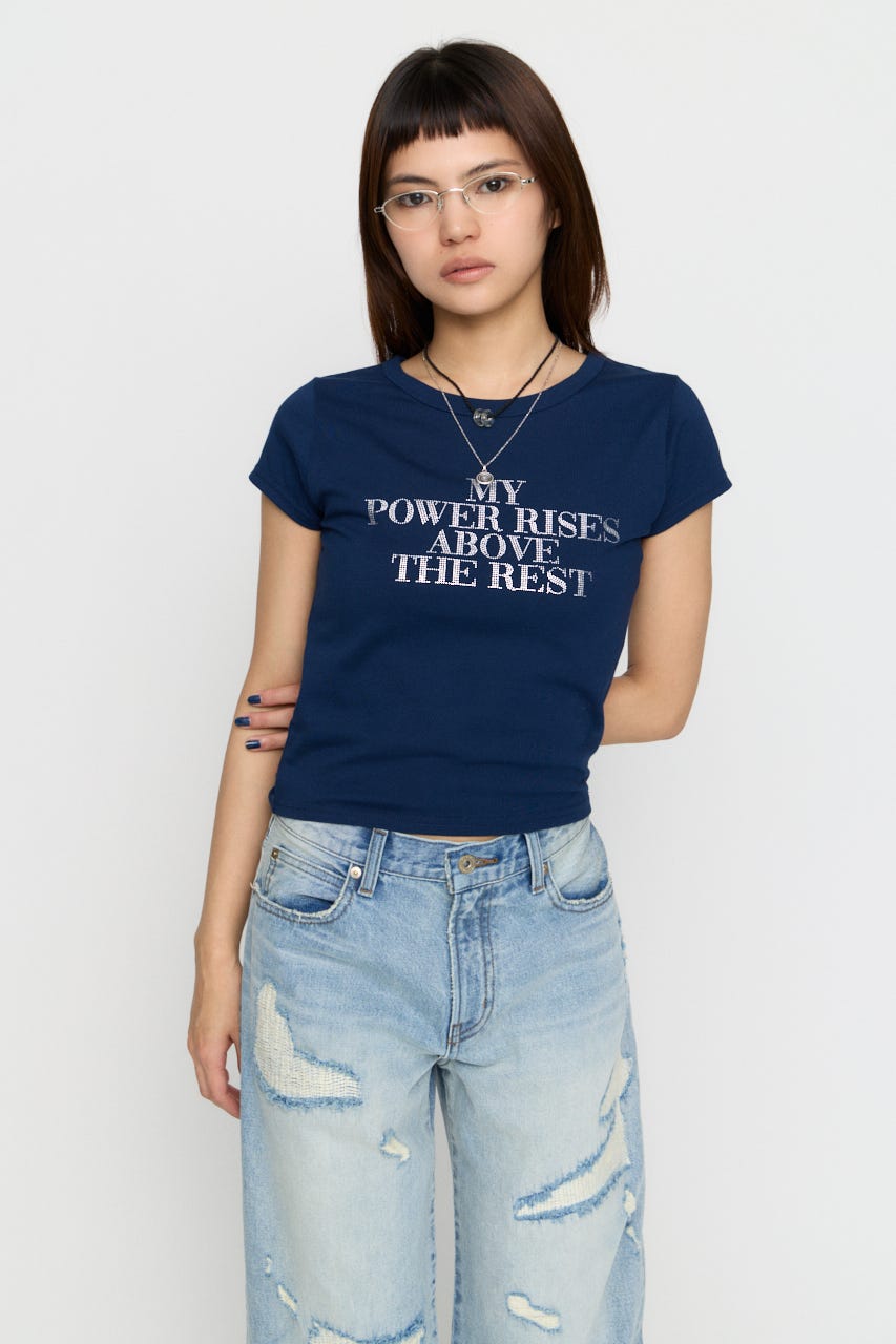 RHINESTONE MESSAGE Tシャツ NVY FREE