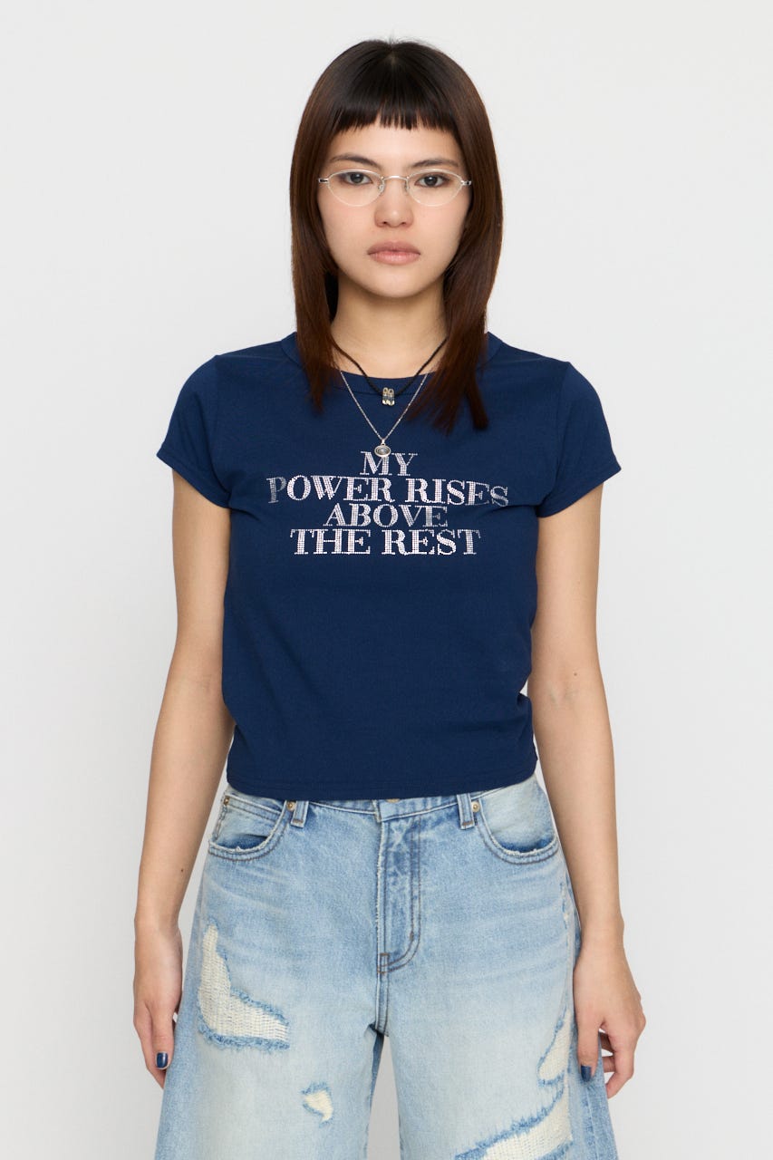 RHINESTONE MESSAGE Tシャツ NVY FREE