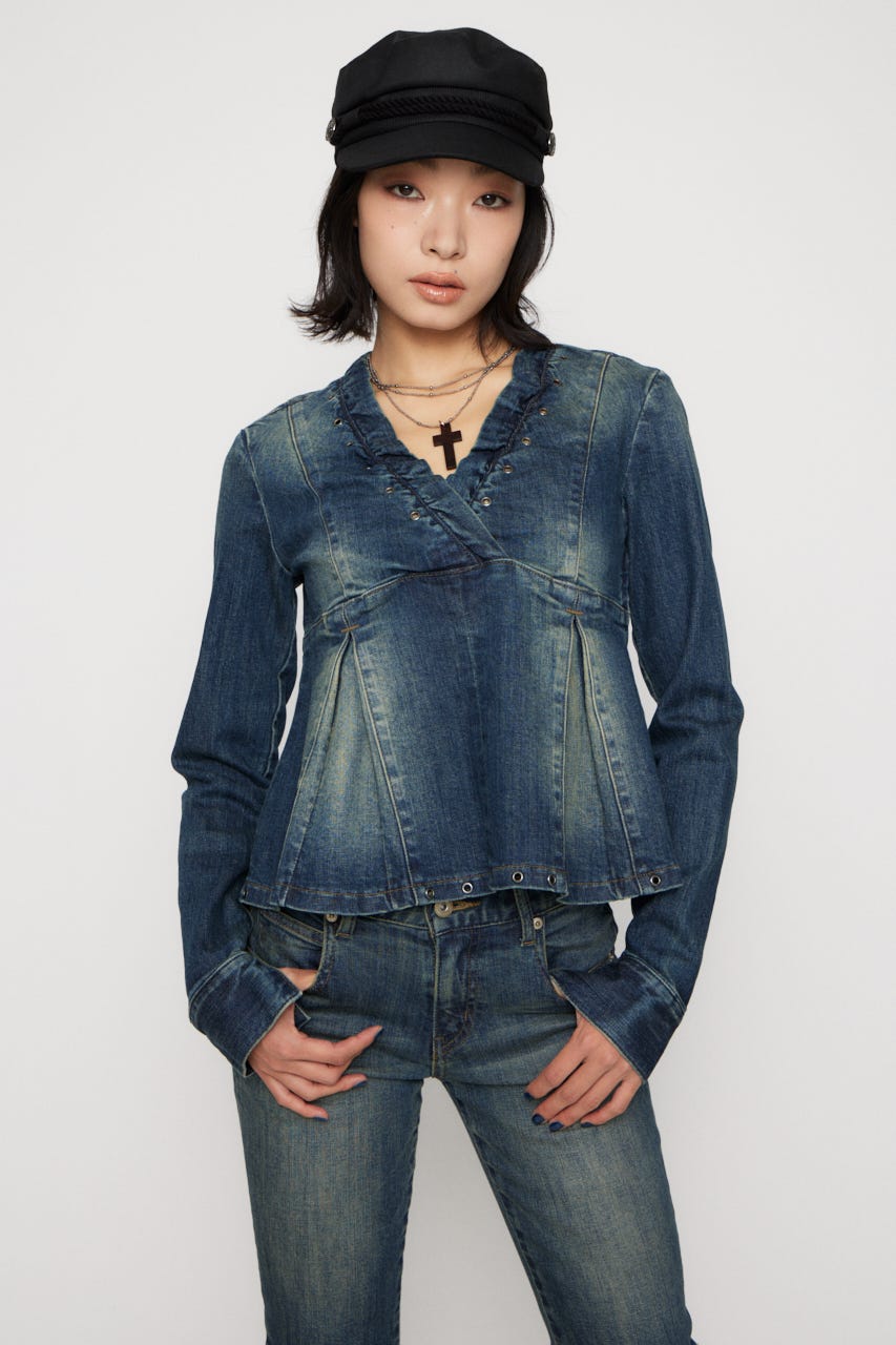 EYELET POINT DENIM チュニック BLU M
