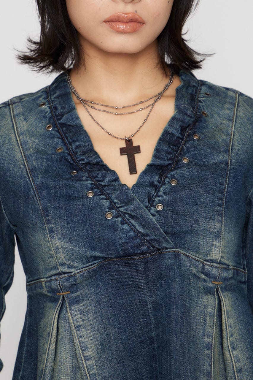 EYELET POINT DENIM チュニック BLU M