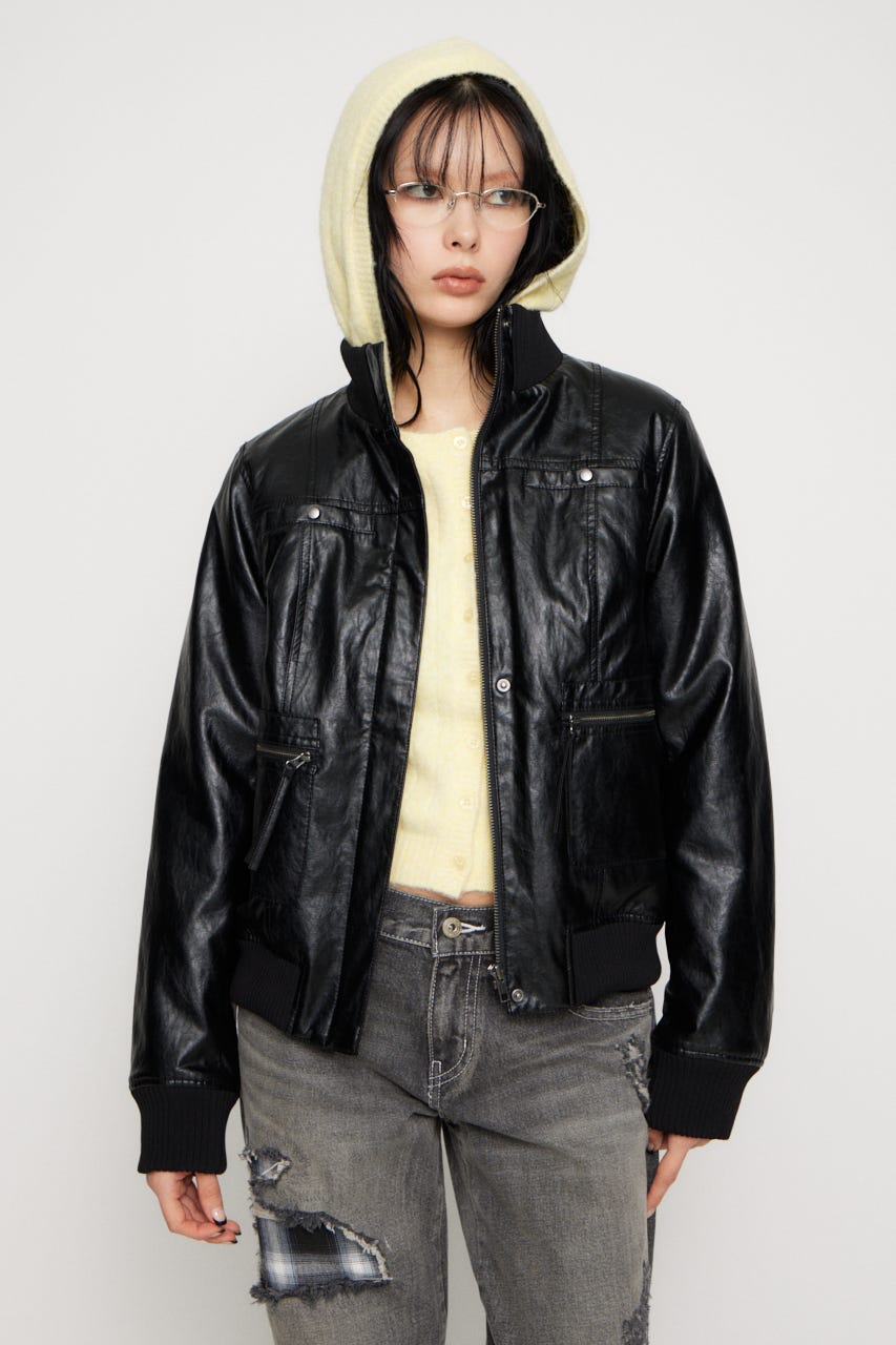 COMPACT FAUX LEATHER ブルゾン BLK FREE