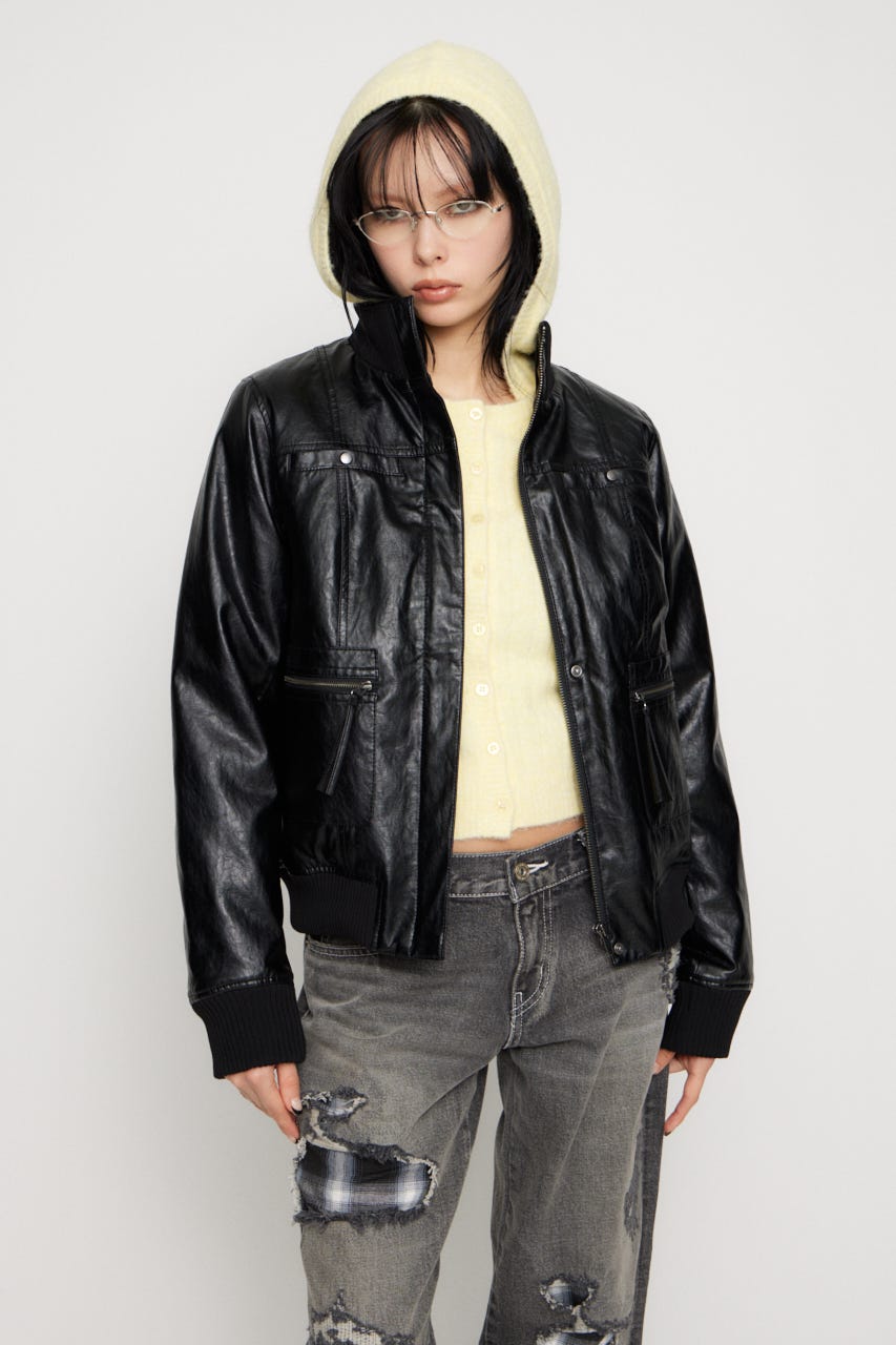 COMPACT FAUX LEATHER ブルゾン BLK FREE