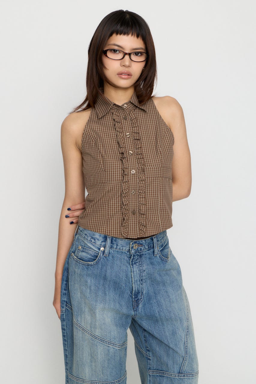 FRONT FRILL NOSLEEVE シャツ BRN FREE