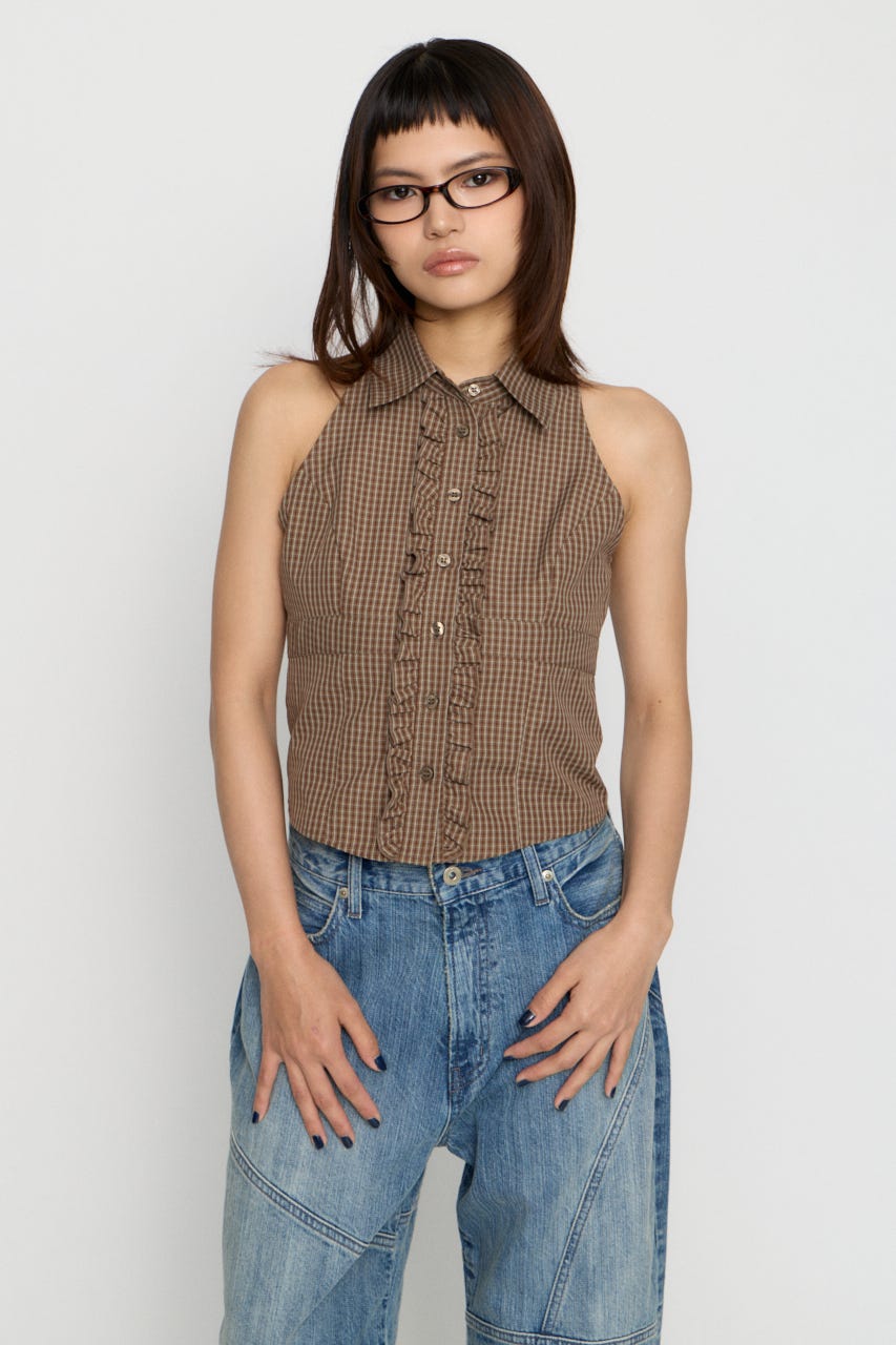 FRONT FRILL NOSLEEVE シャツ BRN FREE