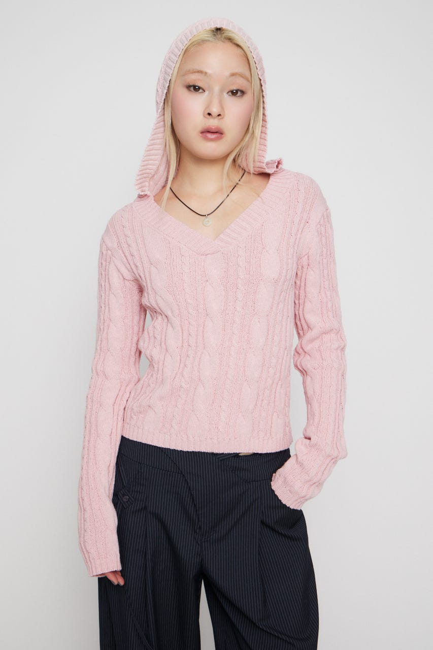 CABLE HOODIE ニット L/PNK FREE