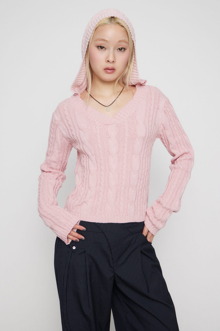 CABLE HOODIE ニット L/PNK FREE