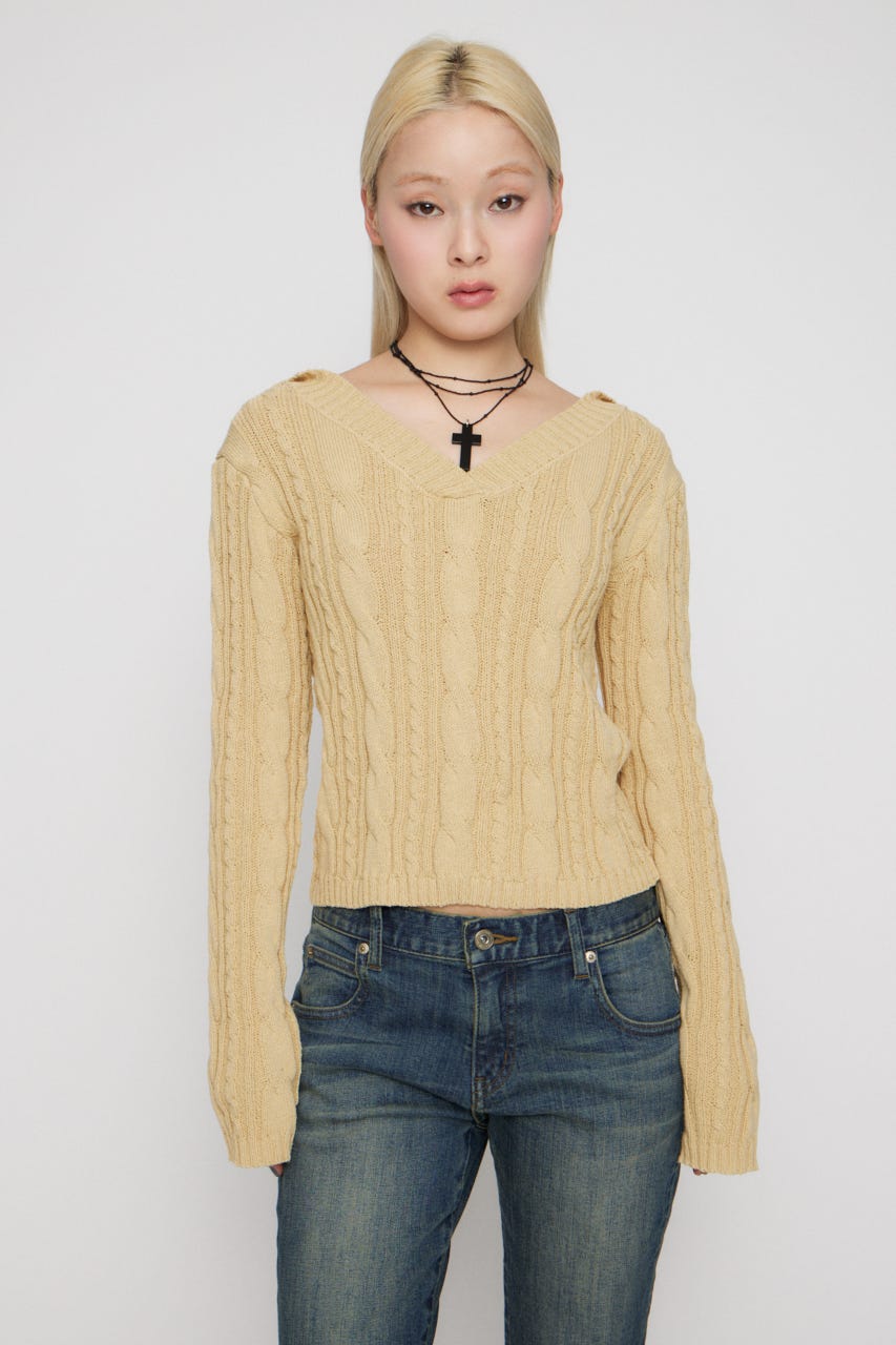 CABLE HOODIE ニット L/YEL FREE