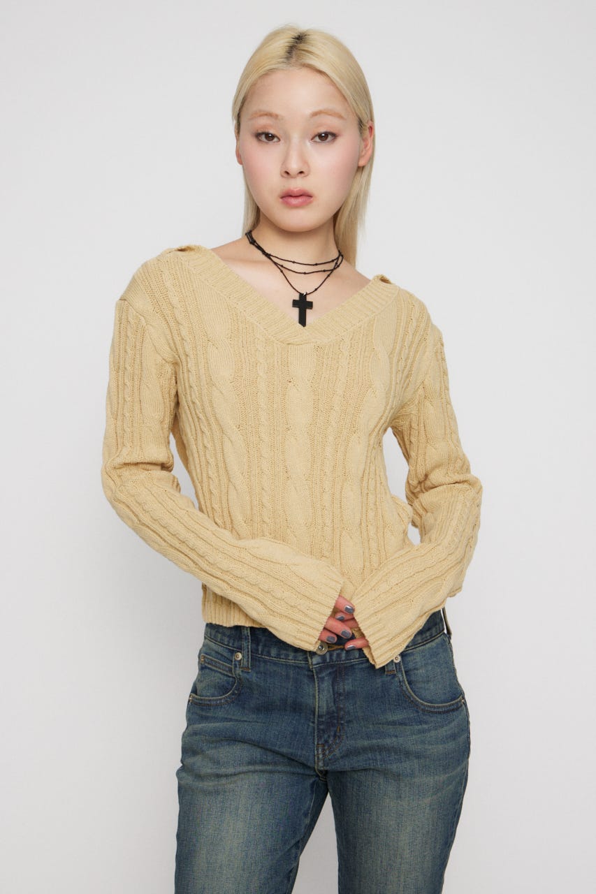 CABLE HOODIE ニット L/YEL FREE