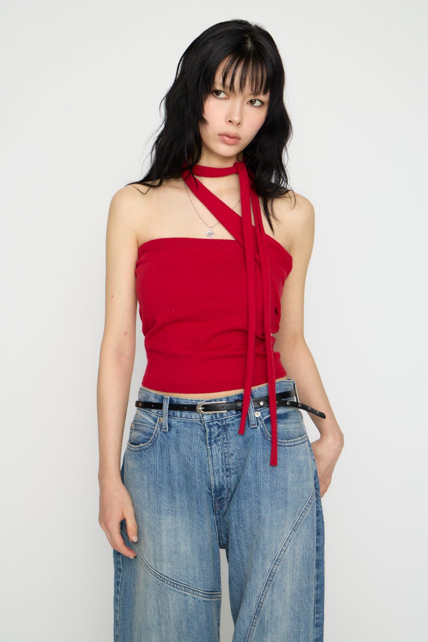 ONE SIDE TIE ニット RED FREE