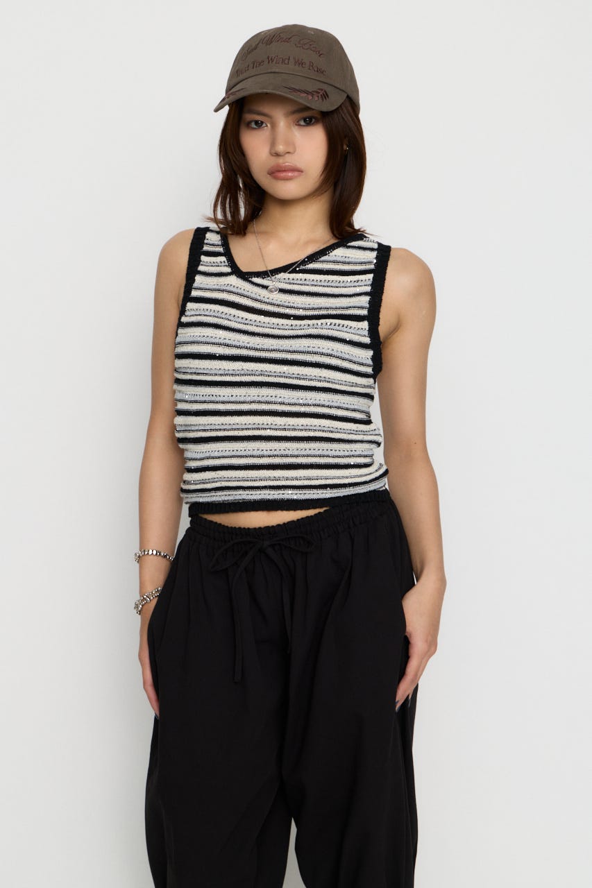 SEQUINS BORDER ニット BLK FREE