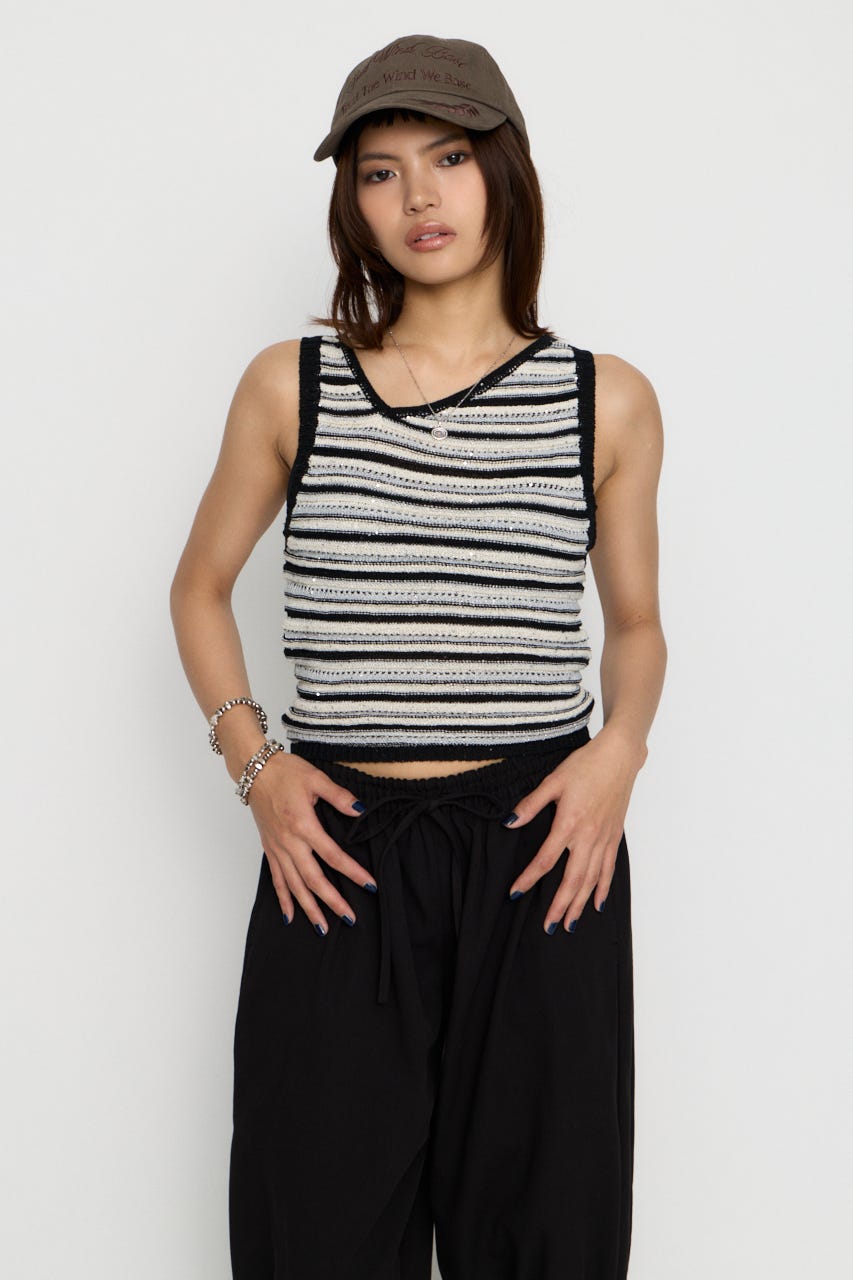 SEQUINS BORDER ニット BLK FREE