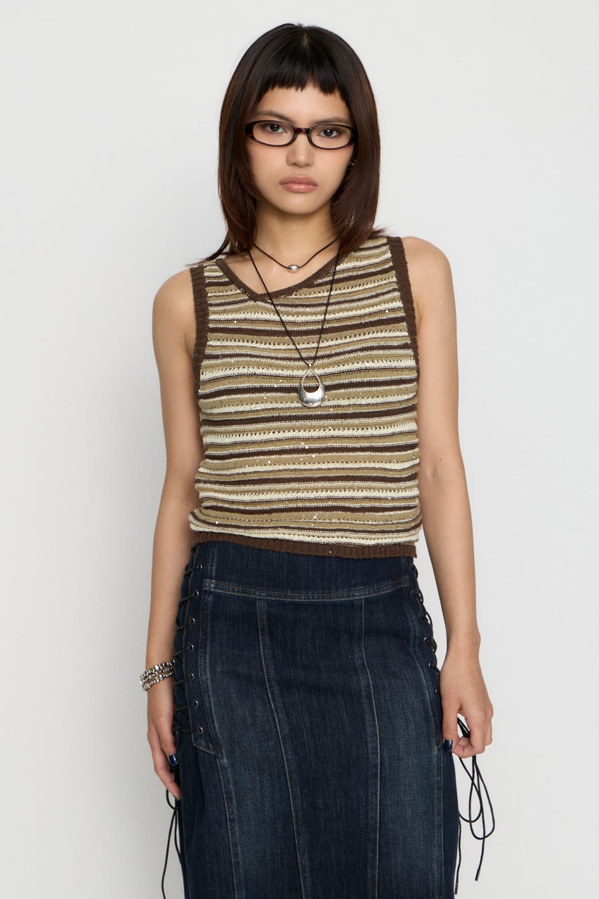 SEQUINS BORDER ニット BRN FREE