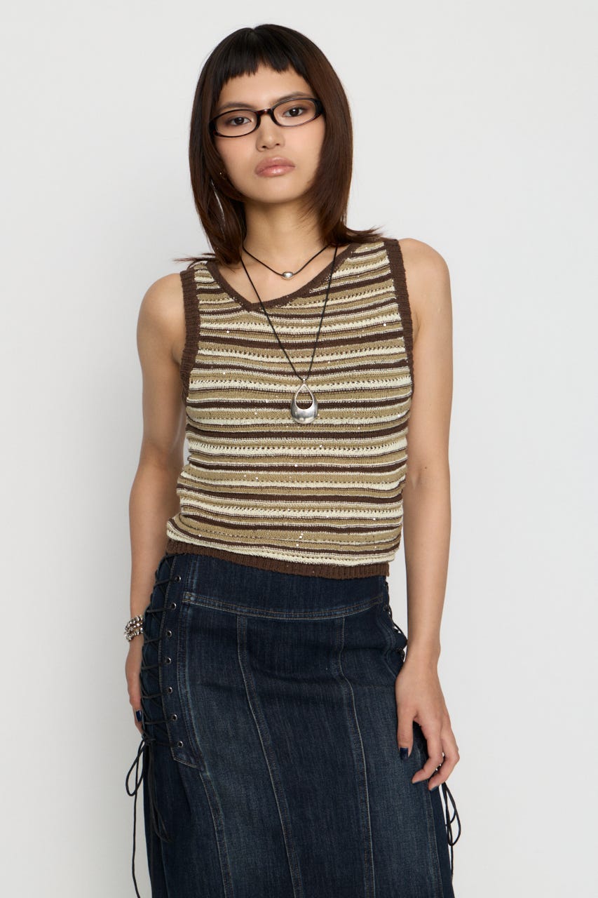 SEQUINS BORDER ニット BRN FREE