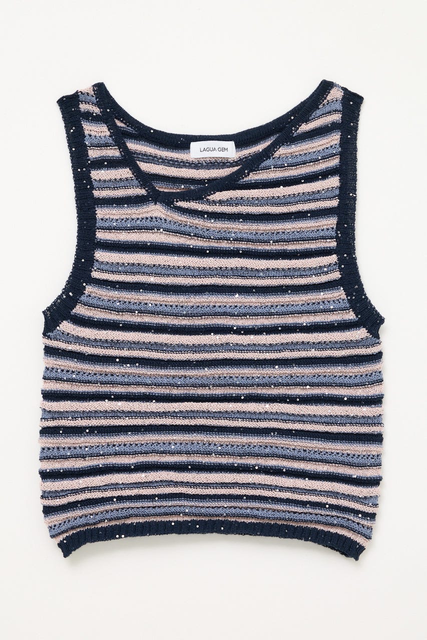 SEQUINS BORDER ニット NVY FREE
