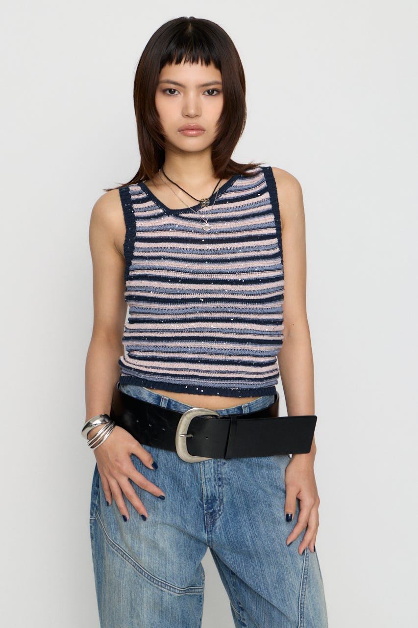 SEQUINS BORDER ニット NVY FREE