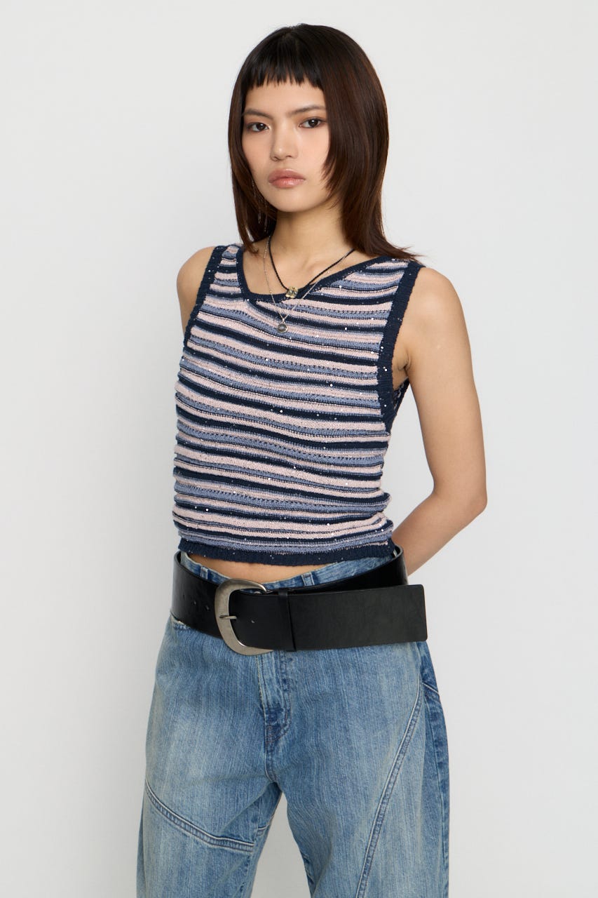 SEQUINS BORDER ニット NVY FREE