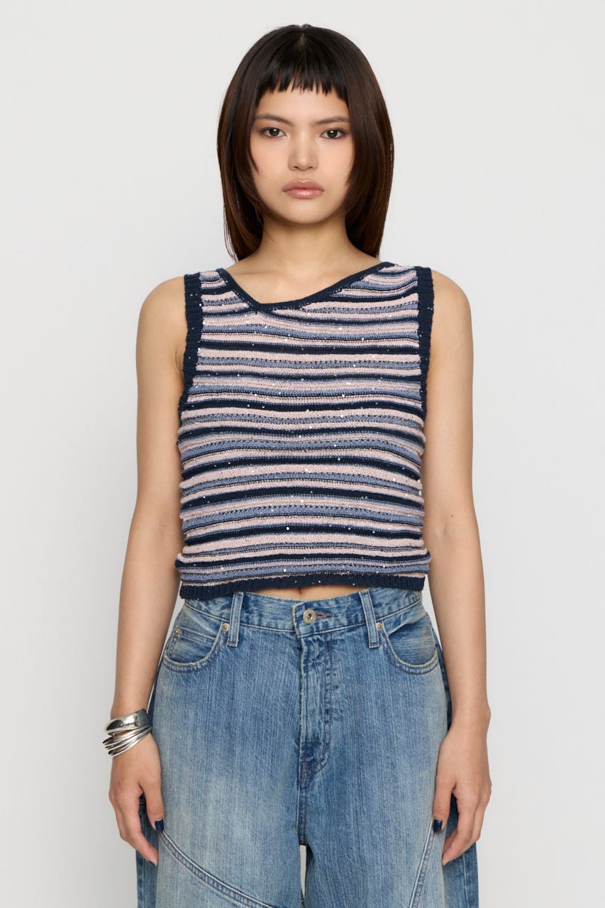 SEQUINS BORDER ニット NVY FREE