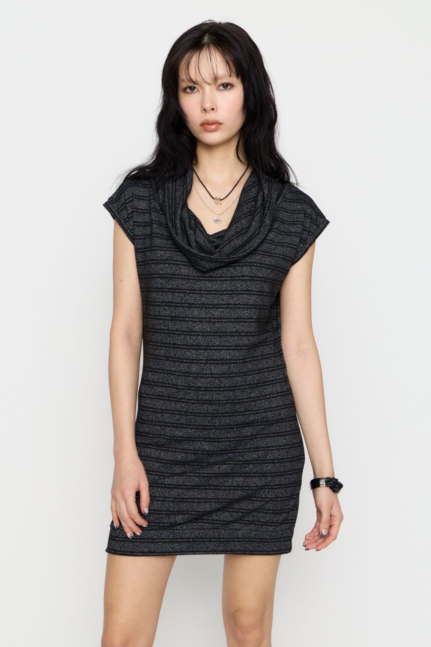 DRAPE NECK BORDER ワンピース BLK M
