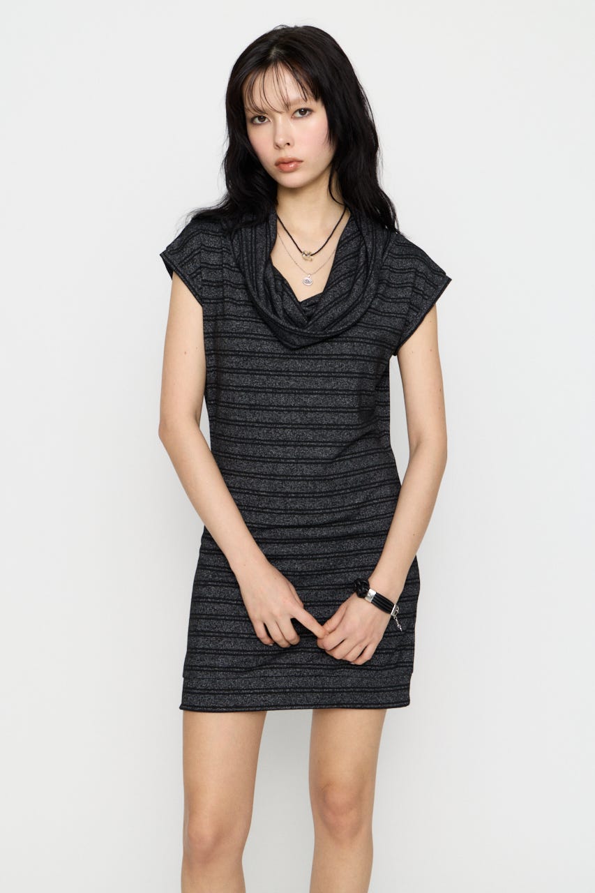 DRAPE NECK BORDER ワンピース BLK M