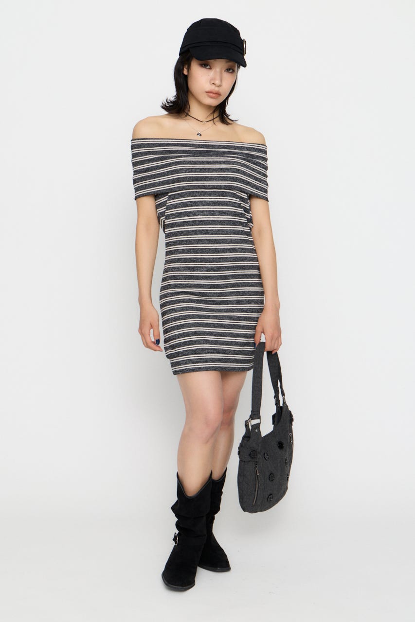 DRAPE NECK BORDER ワンピース GRY S