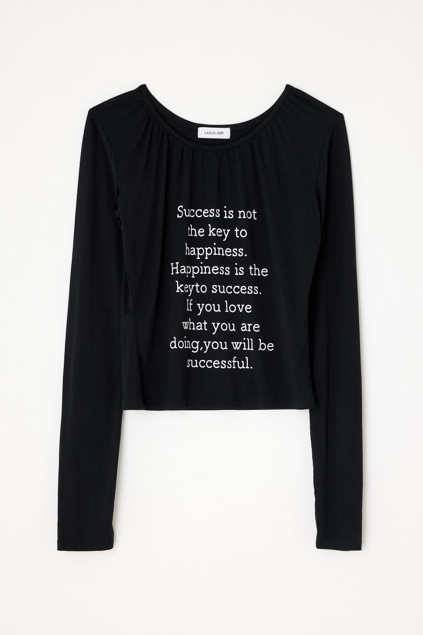 NECK GATHER PRINT トップス BLK FREE