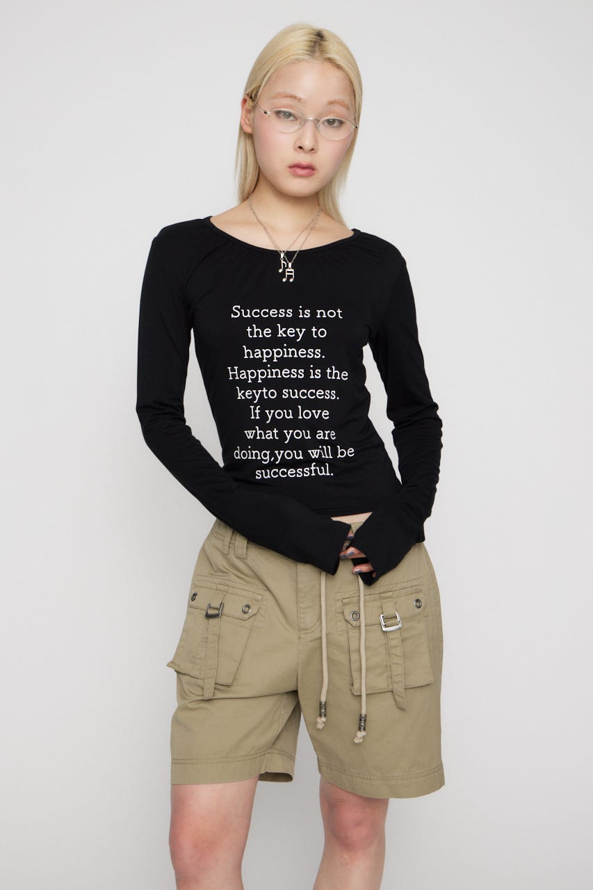 NECK GATHER PRINT トップス BLK FREE