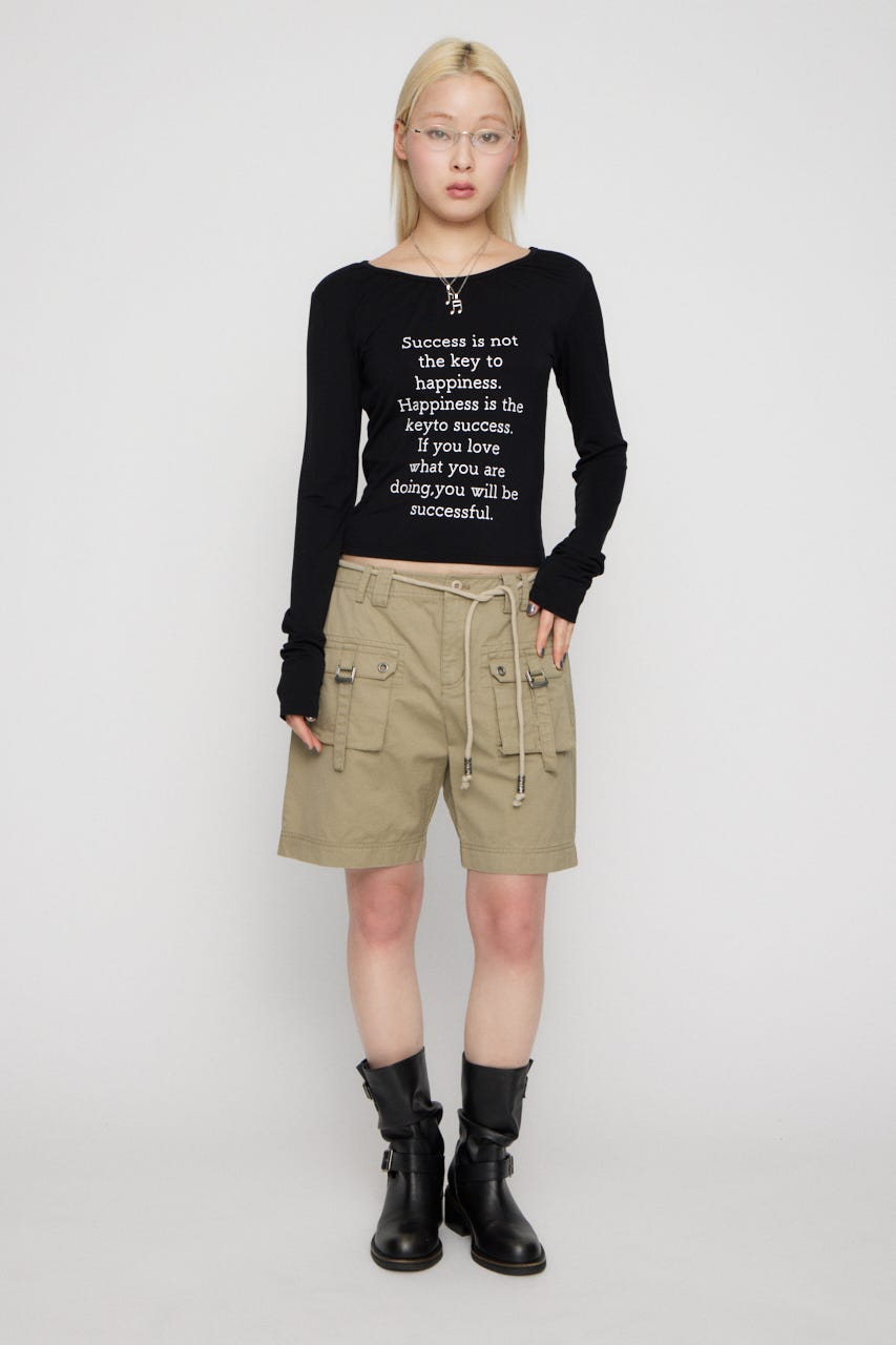 NECK GATHER PRINT トップス BLK FREE