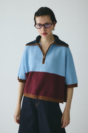 希少　HeRIN.Cye クリーム 変形 ダブル　ジップ ニット　ブルゾン Bi color zip knit pullover バイカラージップニットプル