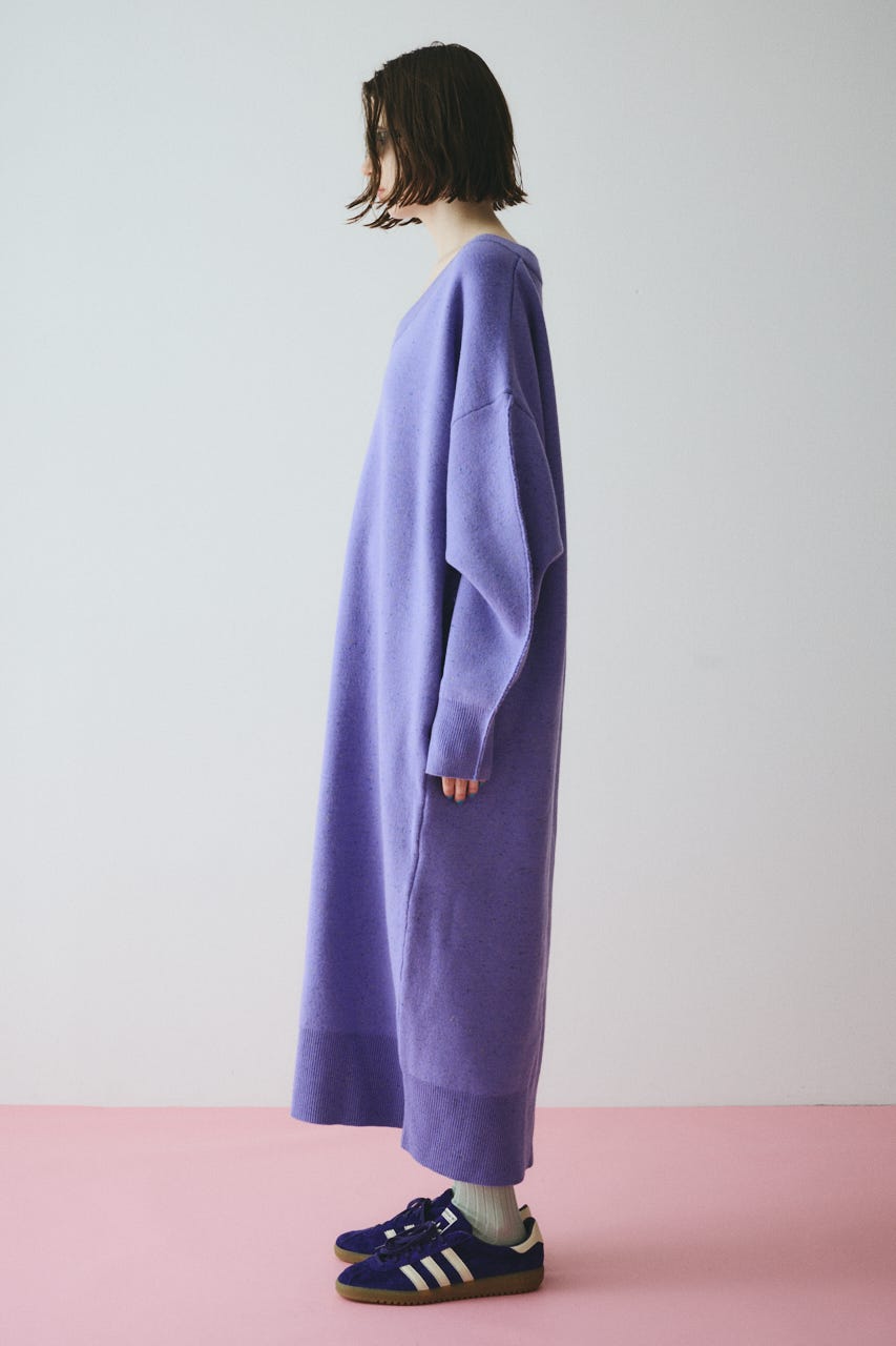 V neck knit one piece 柄PUR FREE