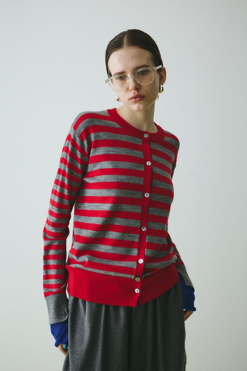 Border knit cardigan 柄RED FREE