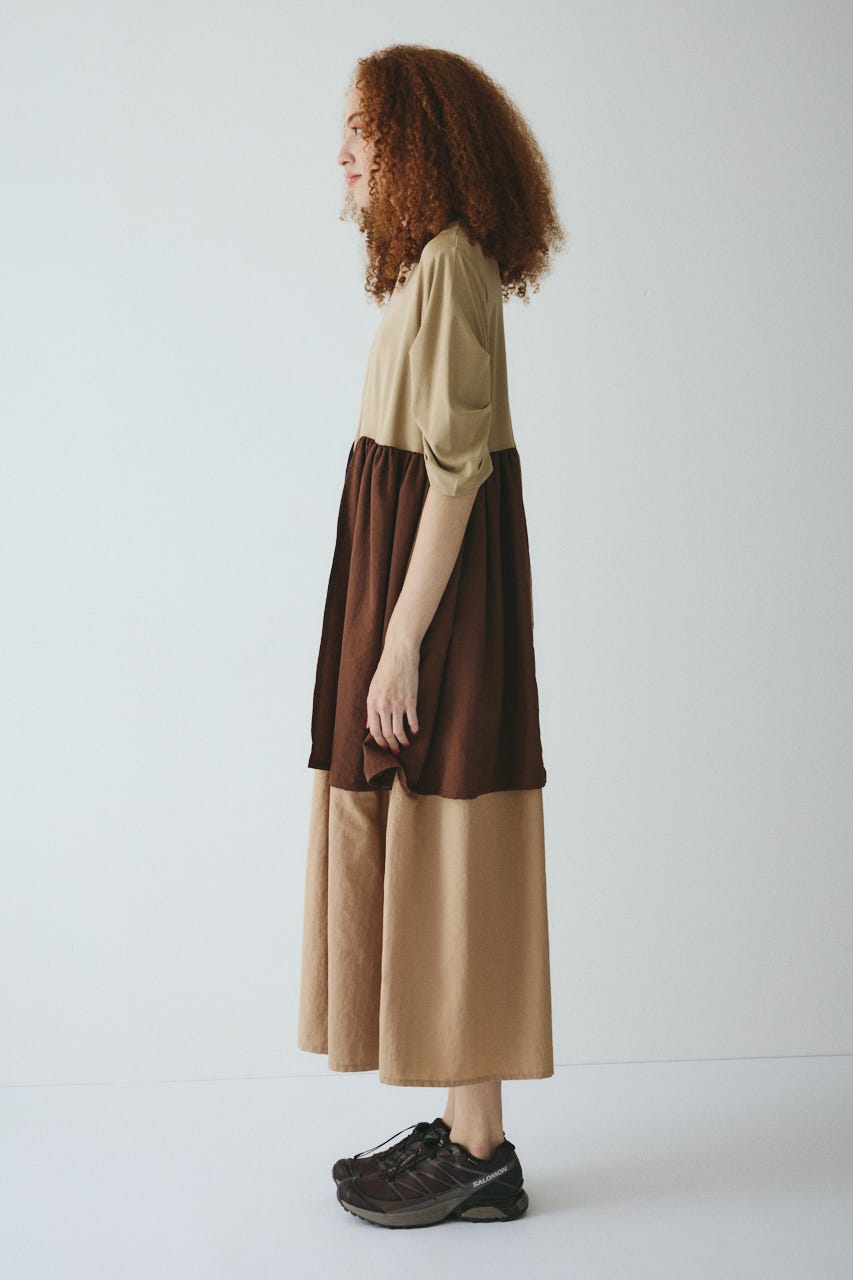 Tuck sleeve docking dress 柄BEG 38
