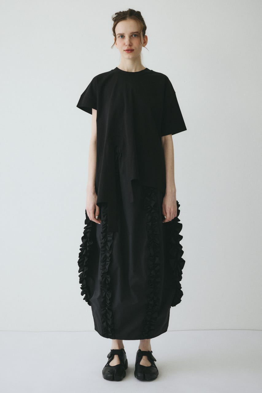 ［予約］Asymmetry hem drape cut tops BLK FREE