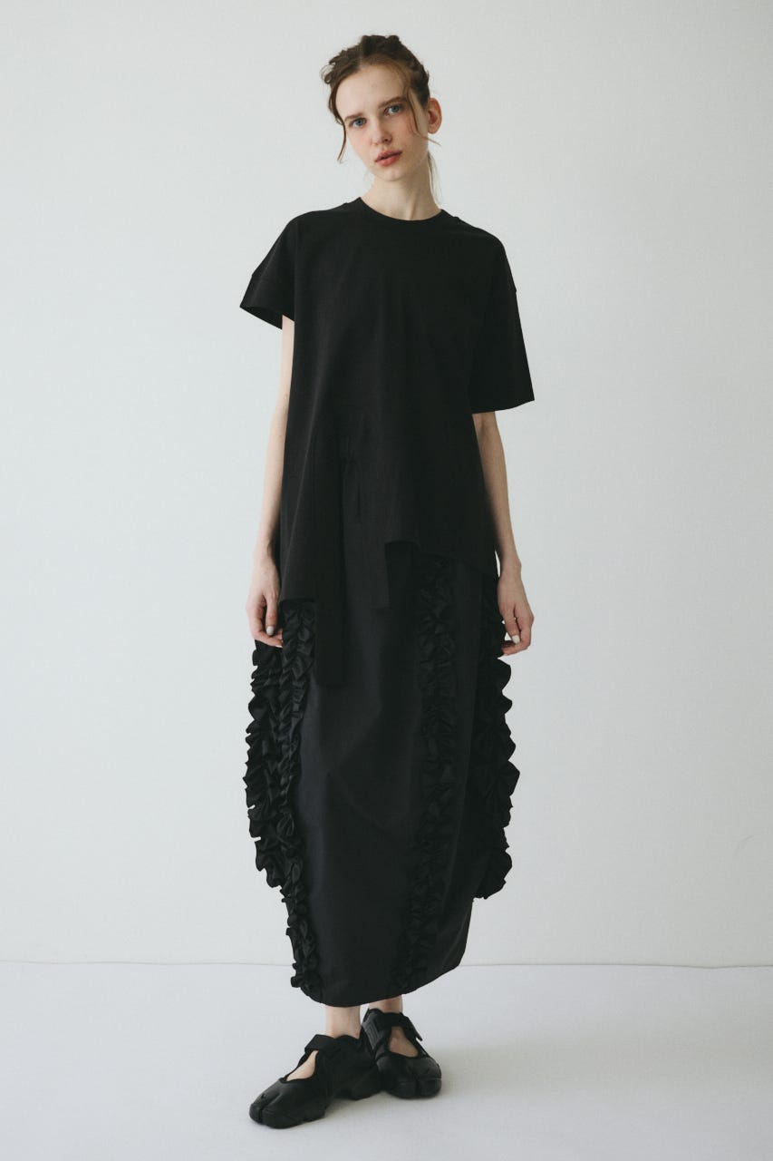 ［予約］Asymmetry hem drape cut tops BLK FREE