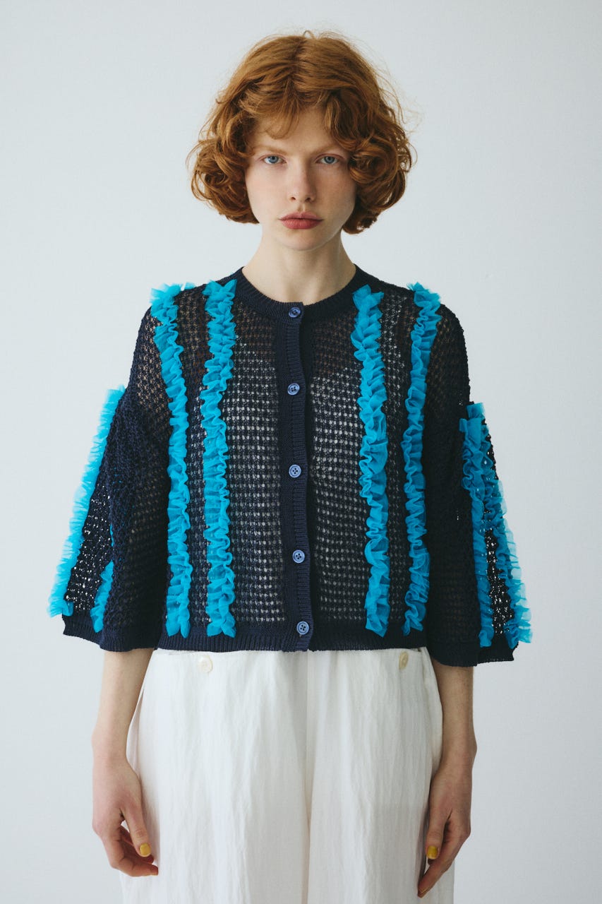 ［予約］Frill mesh cardigan NVY FREE