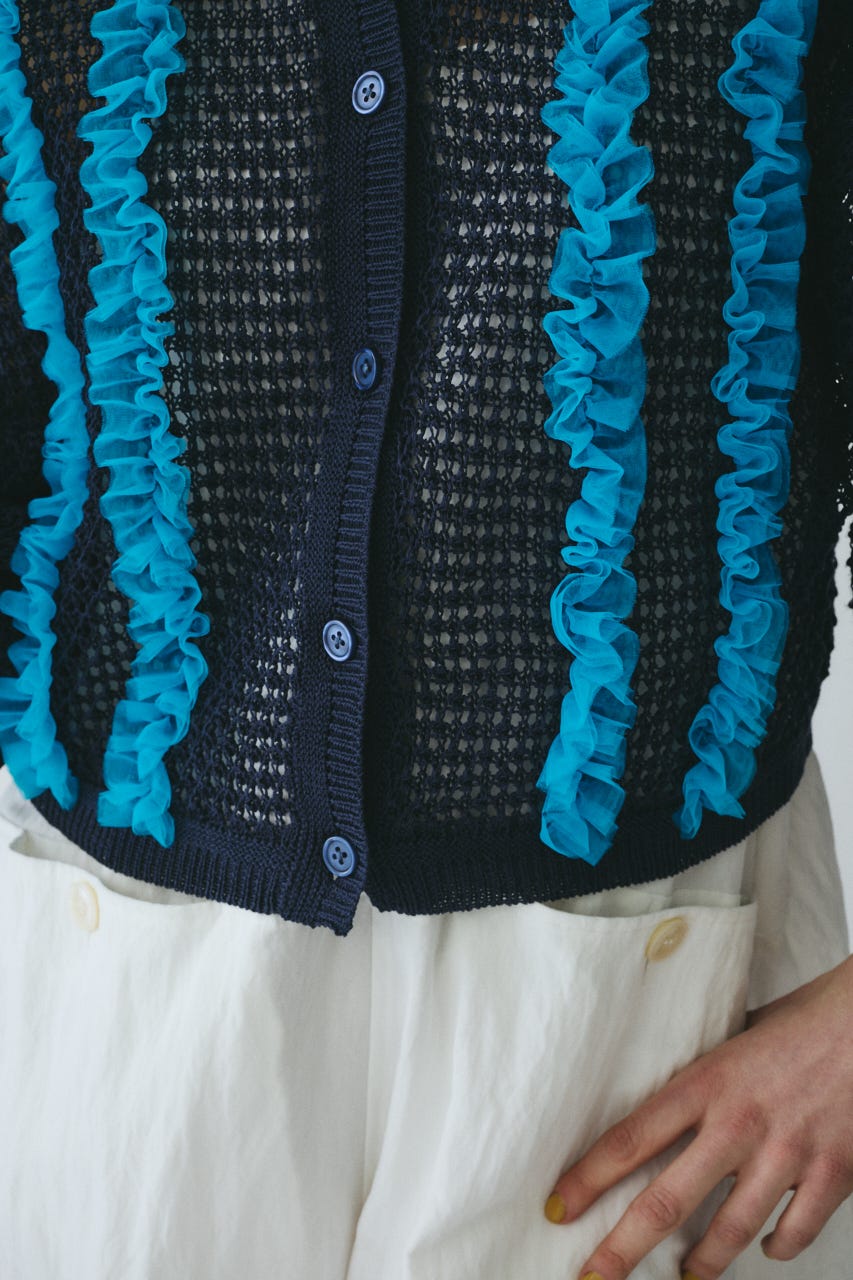 ［予約］Frill mesh cardigan NVY FREE