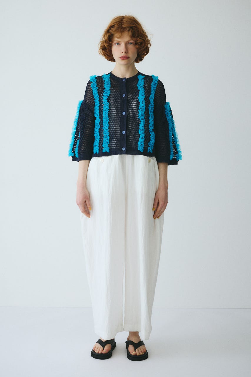 ［予約］Frill mesh cardigan NVY FREE