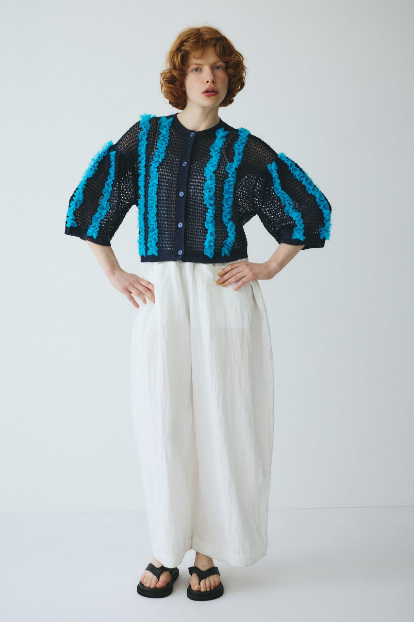 ［予約］Frill mesh cardigan NVY FREE