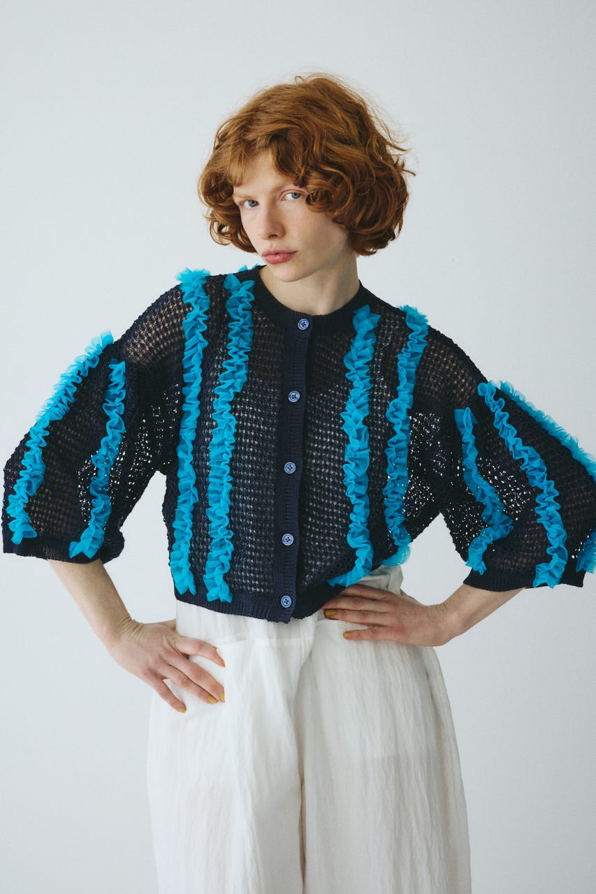 ［予約］Frill mesh cardigan NVY FREE