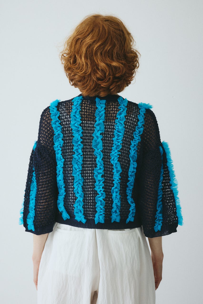 ［予約］Frill mesh cardigan NVY FREE