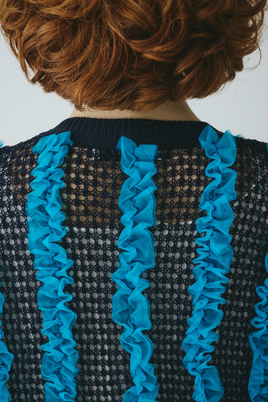 ［予約］Frill mesh cardigan NVY FREE