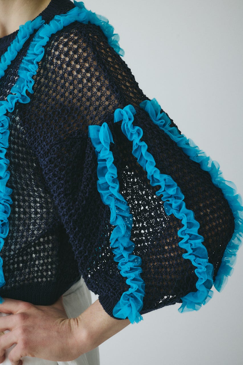 ［予約］Frill mesh cardigan NVY FREE
