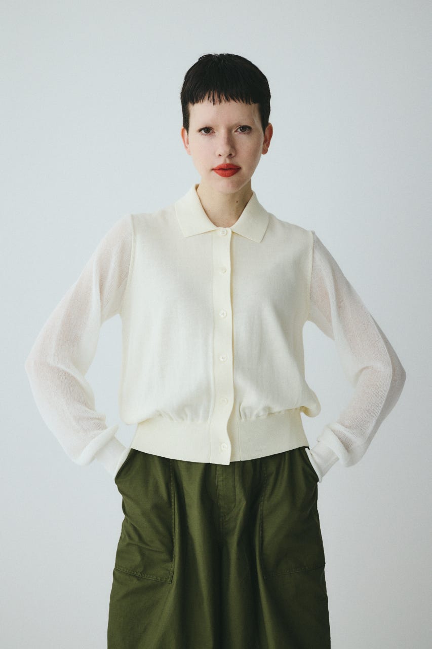 Sheer sleeve cardigan O/WHT FREE